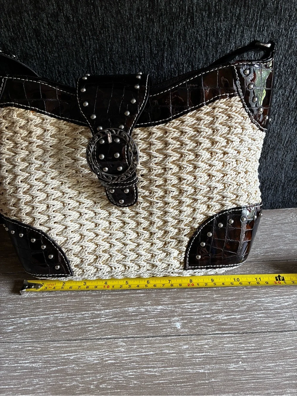 Vintage Brighton Woven Tan Straw Shoulder Bag With Paten Leather Croc Embossed